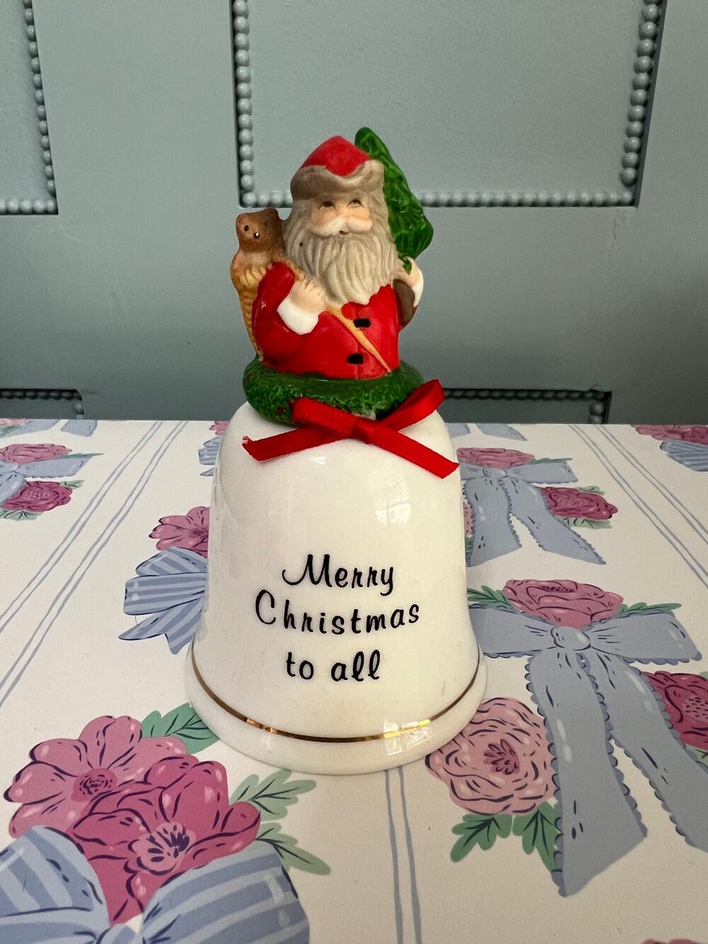 Vintage Hallmark Ceramic Christmas Bell Ornament Santa Teddy Bear